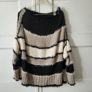 Matthildur Gray Black Stripe Fringe Sweater Grunge Lagenlook Size Large